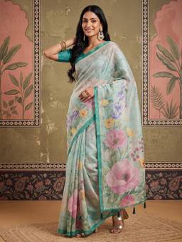 Nyri - Womens Cotton Silk Light Blue Digital Print Saree with Unstitched Blouse