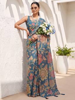 Nyri - Womens Cotton Silk Teal Blue Digital Print Saree with Unstitched Blouse