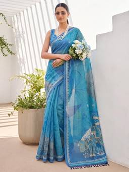 Nyri - Womens Cotton Silk Light Blue Digital Print Saree with Unstitched Blouse