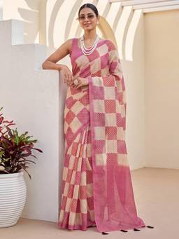 Nyri - Womens Cotton Silk Pink Digital Print Saree with Unstitched Blouse