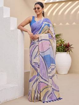 Nyri - Womens Cotton Silk Lavender Digital Print Saree with Unstitched Blouse