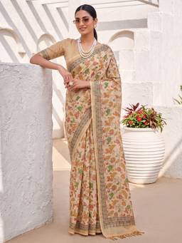 Nyri - Womens Cotton Silk Beige Digital Print Saree with Unstitched Blouse