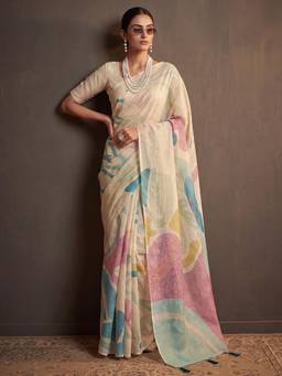 Nyri - Womens Cotton Silk Beige Digital Print Saree with Unstitched Blouse