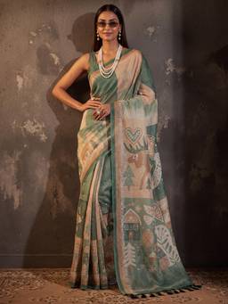 Nyri - Womens Cotton Silk Light Green Digital Print Saree with Unstitched Blouse