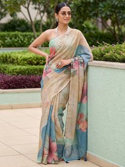 Nyri - Womens Cotton Silk Multicolour Digital Print Saree with Unstitched Blouse