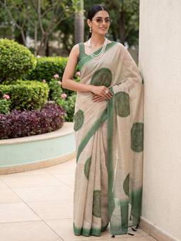 Nyri - Womens Cotton Silk Beige Digital Print Saree with Unstitched Blouse