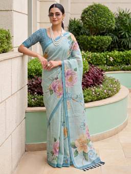 Nyri - Womens Cotton Silk Light Blue Digital Print Saree with Unstitched Blouse