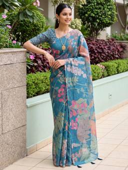 Nyri - Womens Cotton Silk Teal Blue Digital Print Saree with Unstitched Blouse