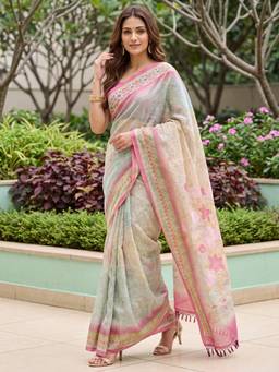 Nyri - Womens Cotton Silk Pink Digital Print Saree with Unstitched Blouse