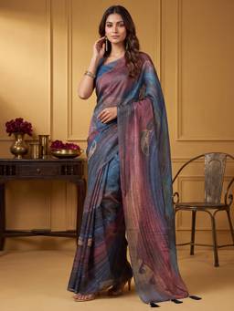 Nyri - Womens Cotton Silk Multicolour Digital Print Saree with Unstitched Blouse