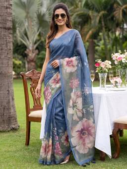 Nyri - Womens Cotton Silk Teal Blue Digital Print Saree with Unstitched Blouse