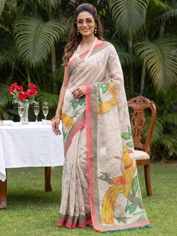 Nyri - Womens Cotton Silk Off White Digital Print Saree with Unstitched Blouse