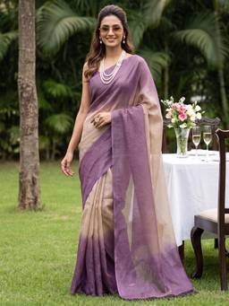 Nyri - Womens Cotton Silk Purple Digital Print Saree with Unstitched Blouse