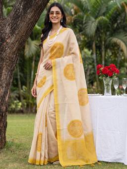 Nyri - Womens Cotton Silk Mustard Digital Print Saree with Unstitched Blouse