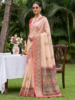 Nyri - Womens Cotton Silk Pink Digital Print Saree with Unstitched Blouse