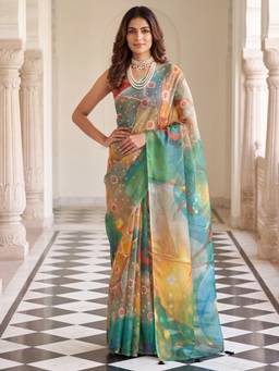 Nyri - Womens Cotton Silk Multicolour Digital Print Saree with Unstitched Blouse