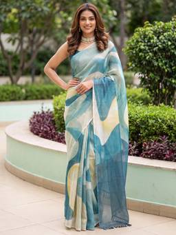 Nyri - Womens Cotton Silk Teal Blue Digital Print Saree with Unstitched Blouse