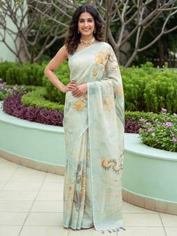 Nyri - Womens Cotton Silk Mint Green Digital Print Saree with Unstitched Blouse