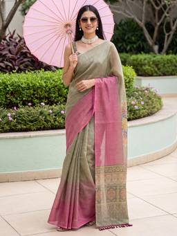 Nyri - Womens Cotton Silk Olive Digital Print Saree with Unstitched Blouse