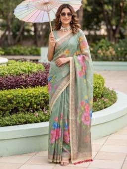 Nyri - Womens Cotton Silk Mint Green Digital Print Saree with Unstitched Blouse