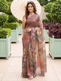 Nyri - Womens Cotton Silk Brown Digital Print Saree with Unstitched Blouse