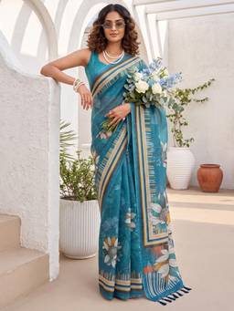 Nyri - Womens Cotton Silk Teal Blue Digital Print Saree with Unstitched Blouse