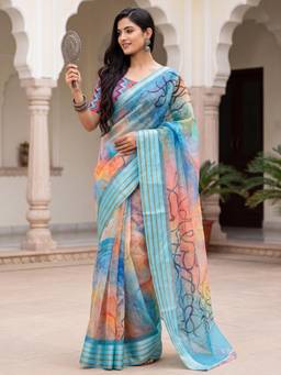 Nyri - Womens Organza Multicolour Digital Print Saree with Unstitched Blouse