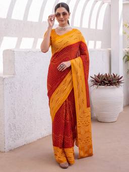Nyri - Womens Satin Silk Red Printed Saree with Unstitched Blouse