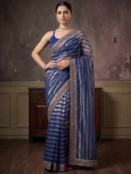 Nyri - Womens Supernet Blue Embellished Saree with Unstitched Blouse