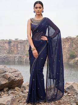 Nyri - Womens Pure Georgette Navy Blue Zari Embroidered Saree with Unstitched Blouse