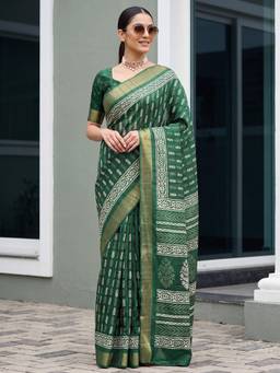 Nyri - Womens Silk Blend Green Printed Saree with Unstitched Blouse