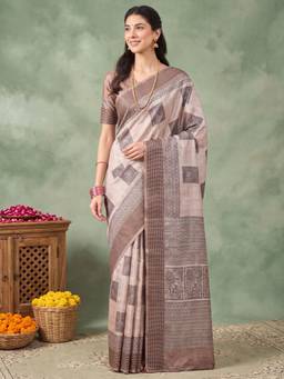 Nyri - Womens Manipuri Silk Beige Printed Saree with Unstitched Blouse