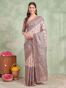 Nyri - Womens Manipuri Silk Beige Printed Saree with Unstitched Blouse