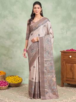 Nyri - Womens Manipuri Silk Beige Printed Saree with Unstitched Blouse