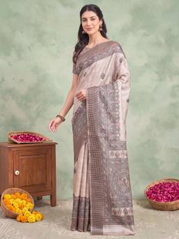 Nyri - Womens Manipuri Silk Beige Printed Saree with Unstitched Blouse