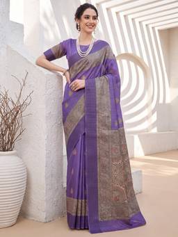 Nyri - Womens Manipuri Silk Purple Printed Saree with Unstitched Blouse