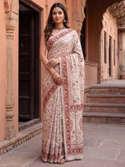Nyri - Womens Cotton Cream Woven Design Saree with Unstitched Blouse