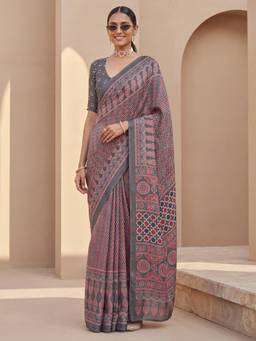 Nyri - Womens Satin Grey Printed Saree with Unstitched Blouse