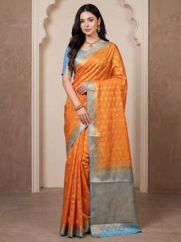 Nyri - Womens Silk Blend Orange Woven Design Saree with Unstitched Blouse