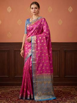 Nyri - Womens Silk Blend Pink Woven Design Saree with Unstitched Blouse