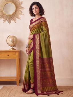 Nyri - Womens Tussar Silk Olive Digital Print Saree with Unstitched Blouse
