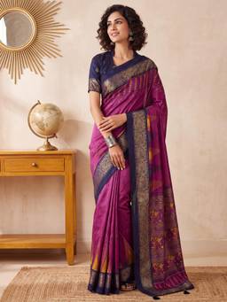 Nyri - Womens Tussar Silk Magenta Digital Print Saree with Unstitched Blouse