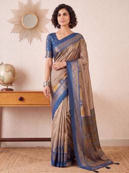 Nyri - Womens Tussar Silk Beige Digital Print Saree with Unstitched Blouse