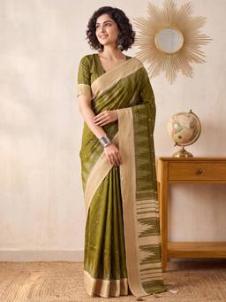Nyri - Womens Tussar Silk Olive Digital Print Saree with Unstitched Blouse
