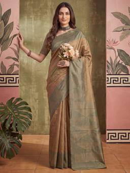 Nyri - Womens Silk Blend Olive Printed Saree with Unstitched Blouse