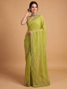 Nyri - Womens Georgette Green Embellished Saree with Unstitched Blouse