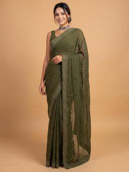 Nyri - Womens Georgette Dark Olive Embellished Saree with Unstitched Blouse