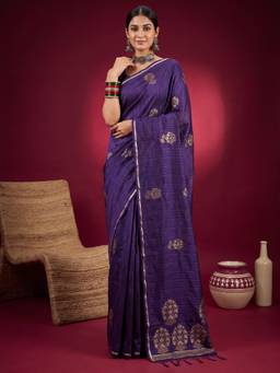 Nyri - Womens Satin Silk Purple Woven Design Saree with Unstitched Blouse