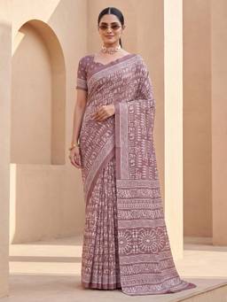 Nyri - Womens Dola Silk Mauve Printed Saree with Unstitched Blouse