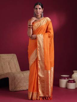 Nyri - Womens Banarasi Silk Orange Woven Design Saree with Unstitched Blouse